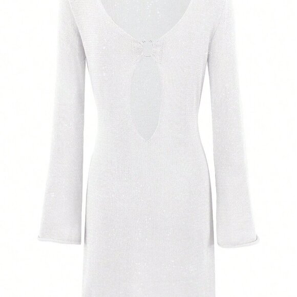 White Women's Sexy Metallic Ring Hollow Deep V-Neck Knit Wrap Knit Mini Dress - Picture 5 of 8